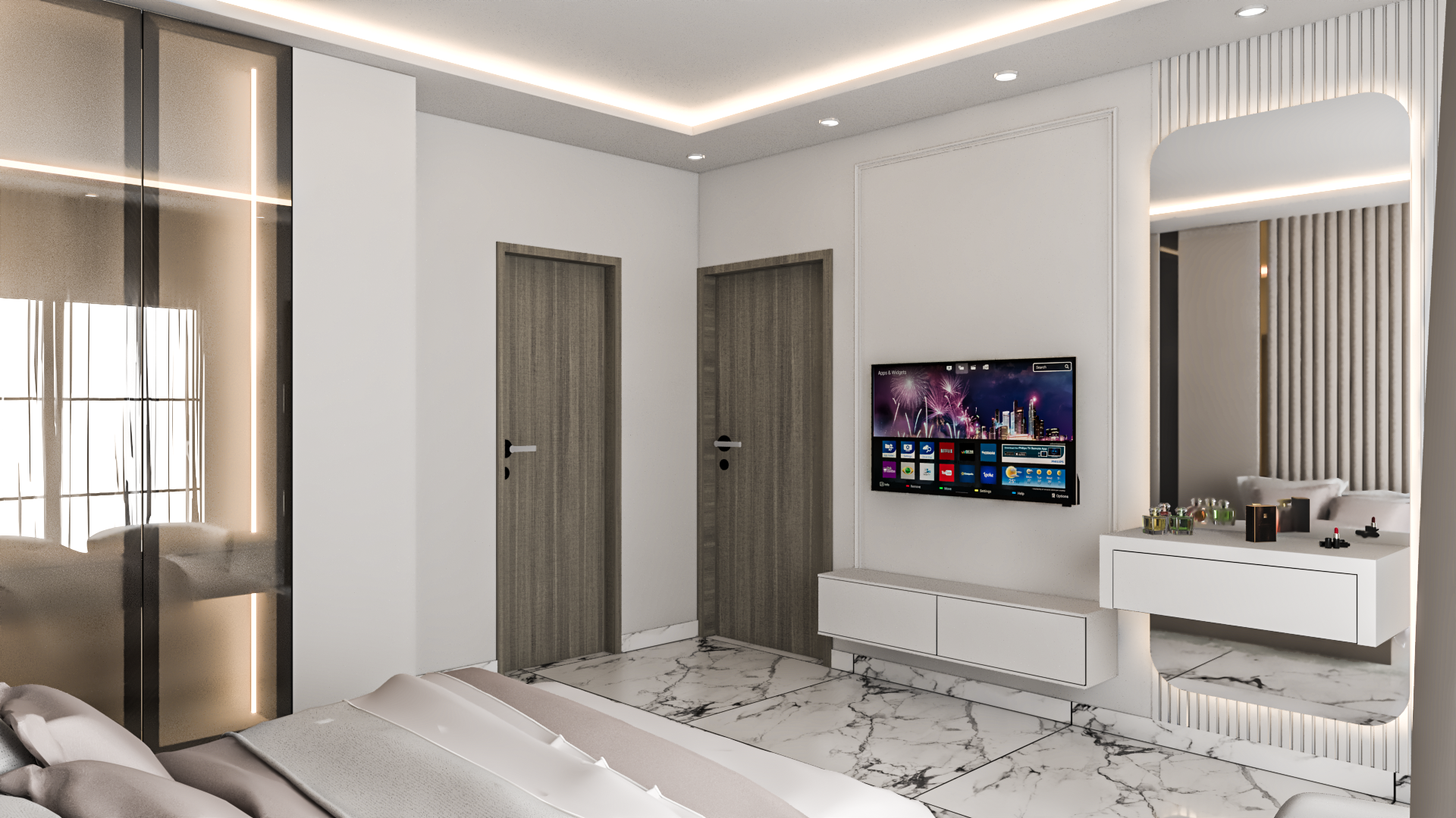 Clifton Residence master bedroom — marble floors, fluted wall paneling, and backlit bronze wardrobe