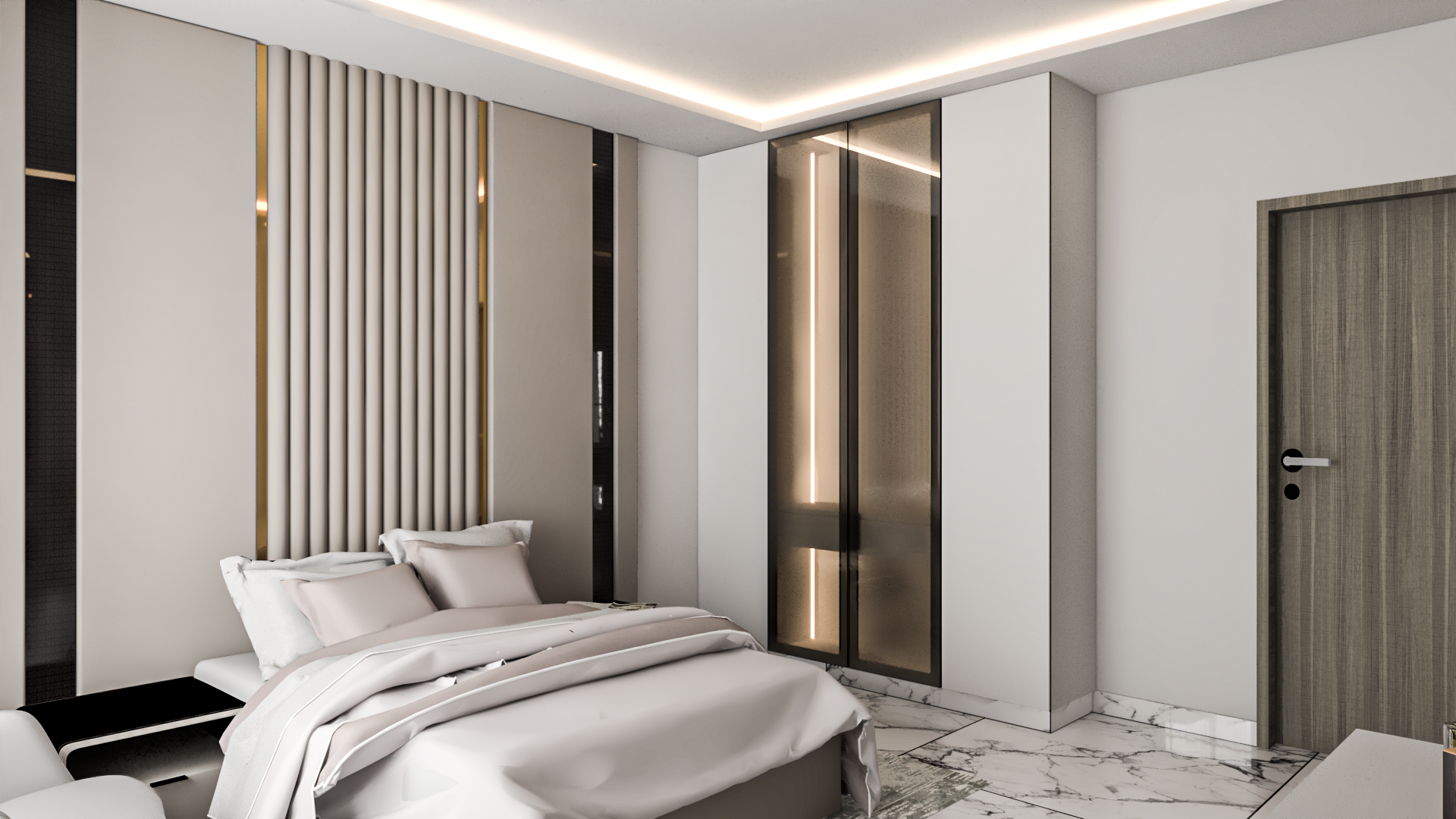 Bahria Town master bedroom — warm fluted headboard wall with gold accent strips and backlit bronze wardrobe