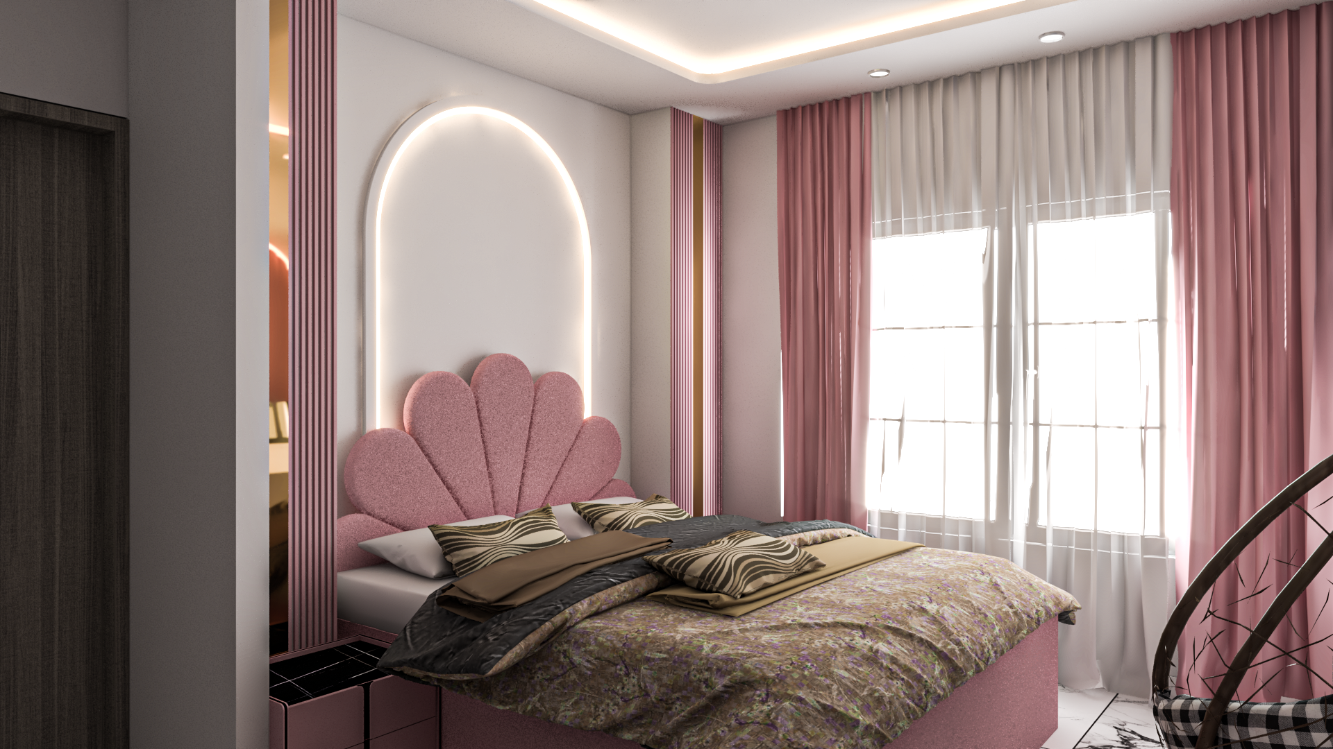 Girls' suite — sculptural fan headboard in arched LED niche with gold accent wall detailing