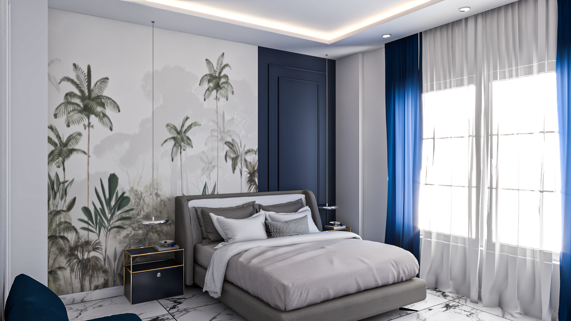 Haven Apartment — botanical mural wall with navy blue accent panel, Islamabad