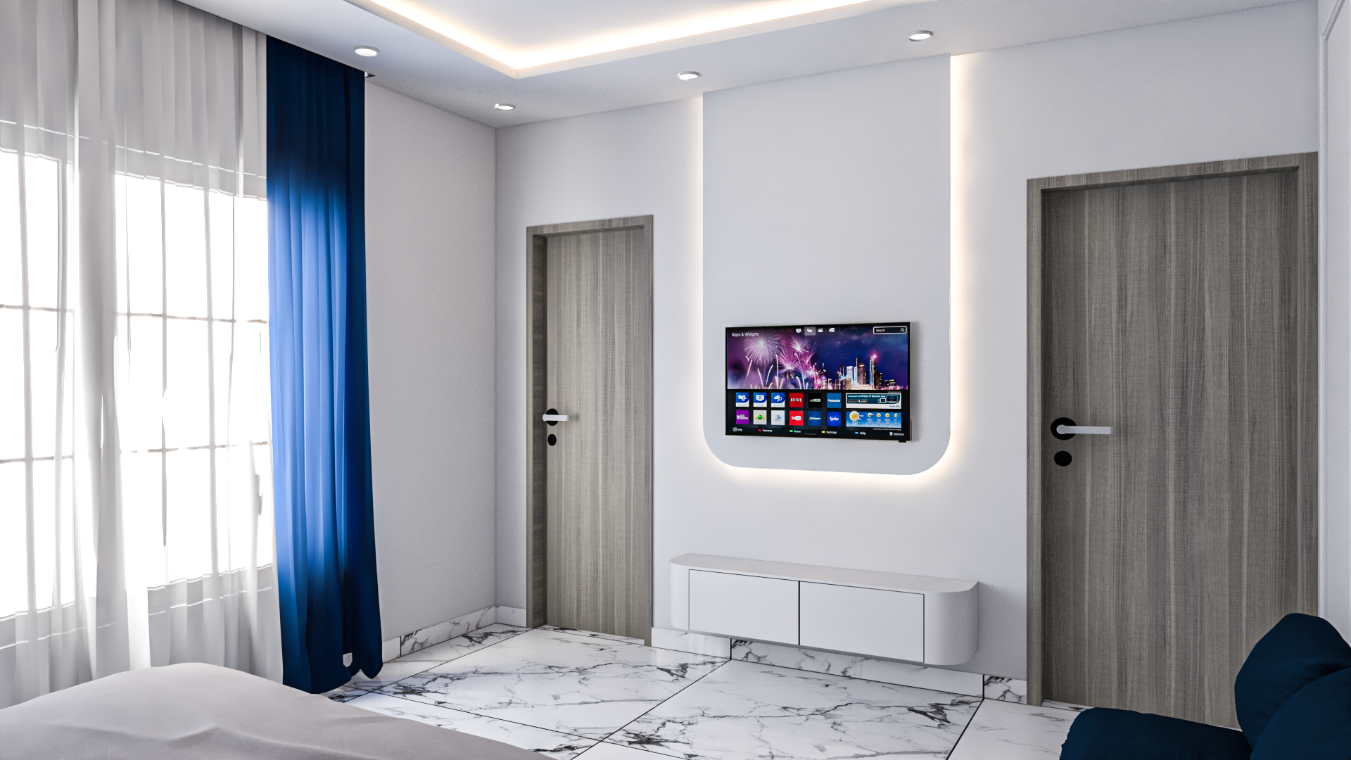 Hyderabad Villa guest room — white and grey scheme with LED media niche, navy curtains, and marble floor