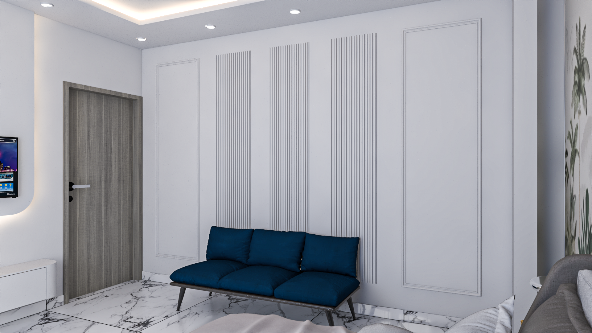 Executive suite — fluted plaster wall panels in white and grey with deep navy blue velvet sofa