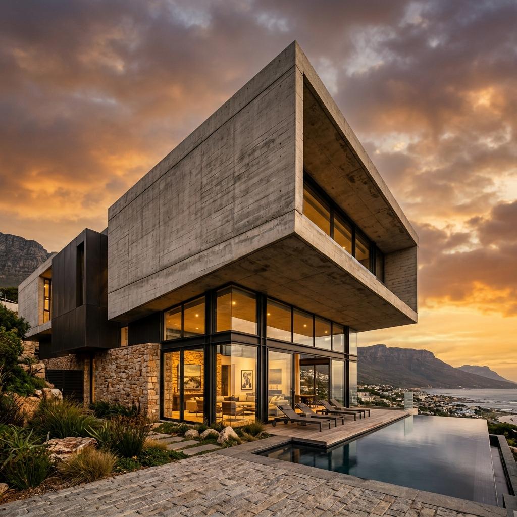 Sharp-edged concrete residence facade at golden hour
