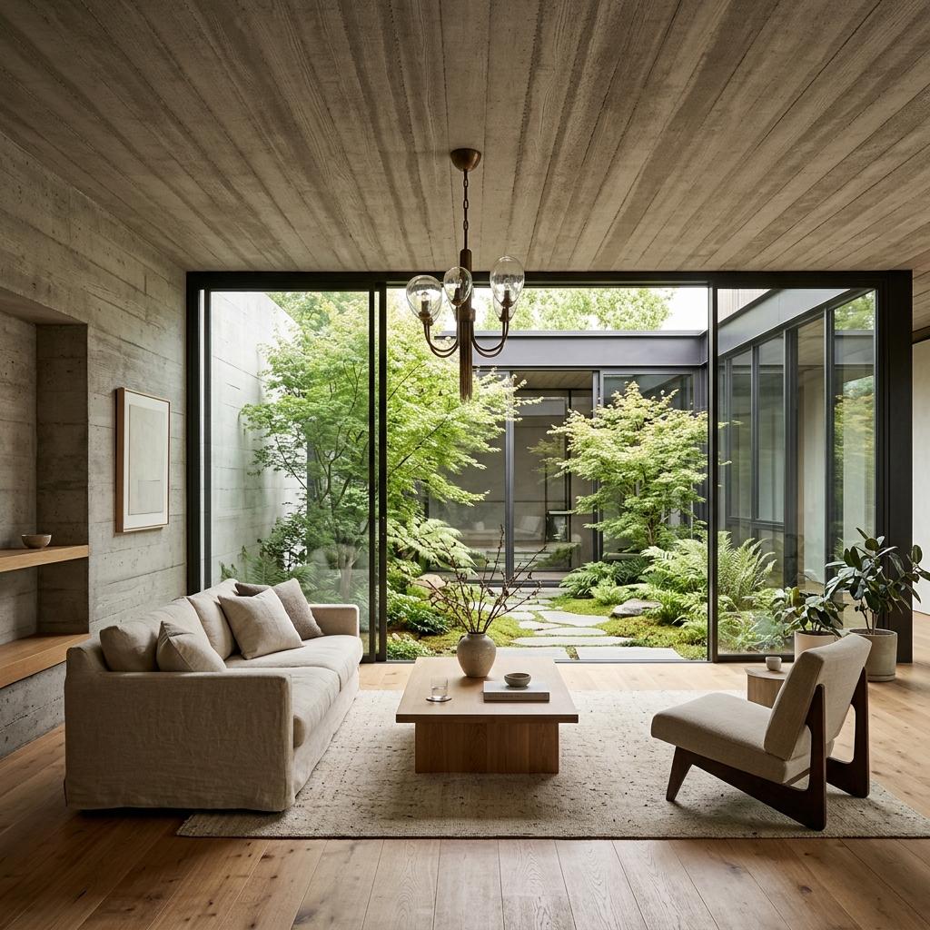 Minimal living room interior with concrete ceiling and natural light